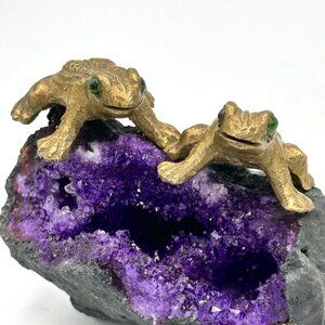 Vintage Brass Frog Figurines Pair Green Glass Eyes Heavy